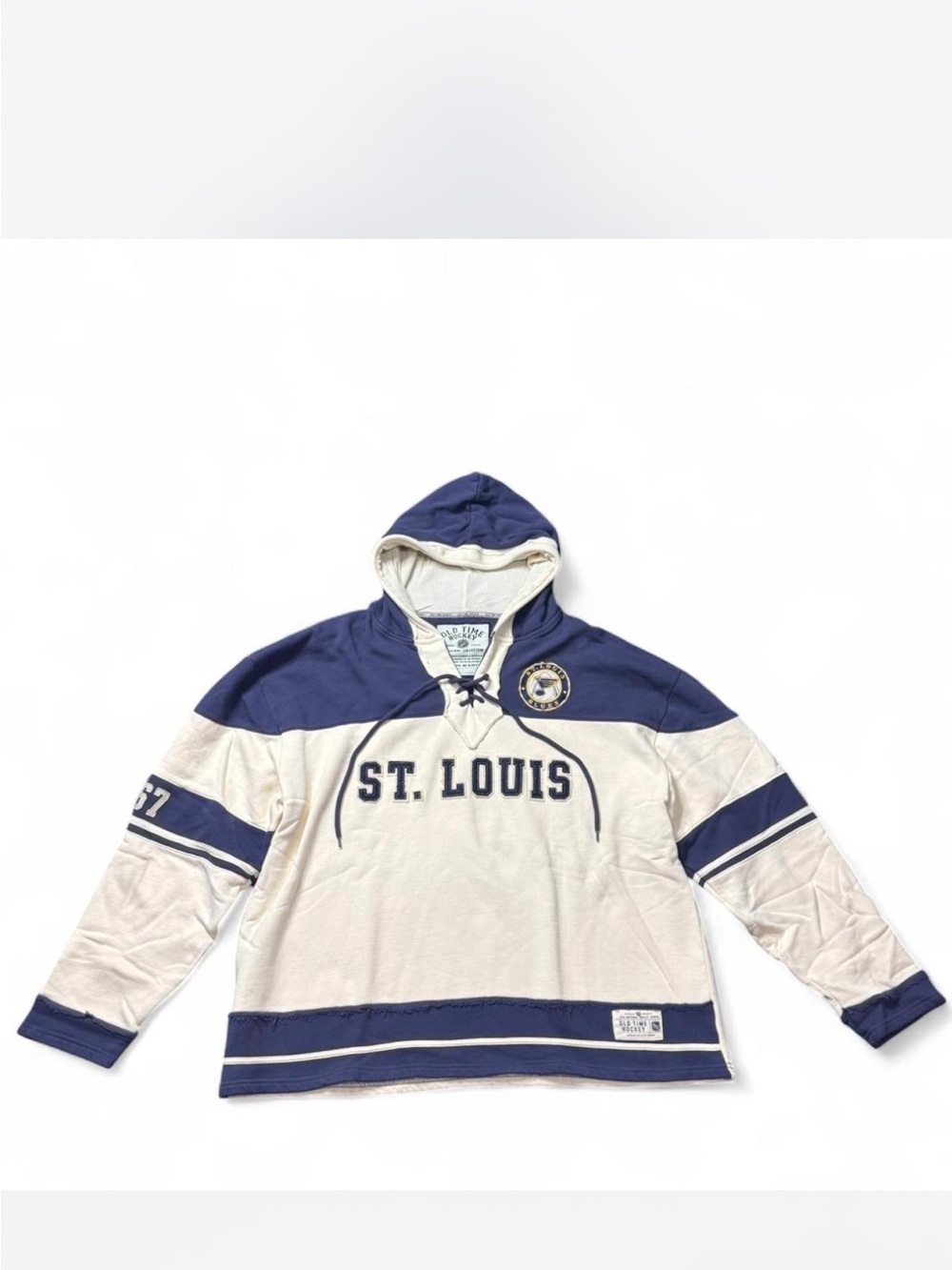 Vintage NHL St. Louis Cream and Navy Hooded Hockey Sweater